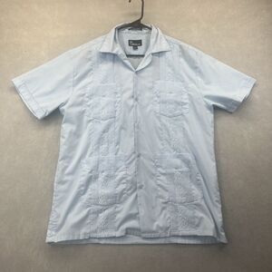 Omega Blue Cuban Style Mens M Short Sleeve Button Up 4 Pocket Shirt 15/15.5